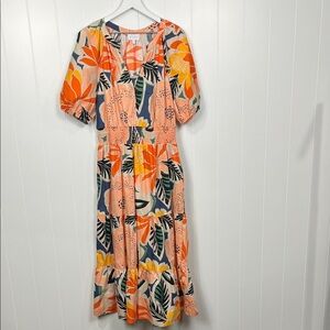 Sugarlips Floral Midi Dress XL Orange Blossom Hacienda Stretch Tier Pockets NWOT